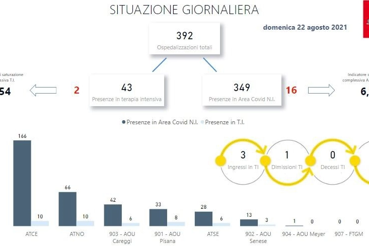 Il grafico dei ricoveri in Toscana (dati al 22 agosto)