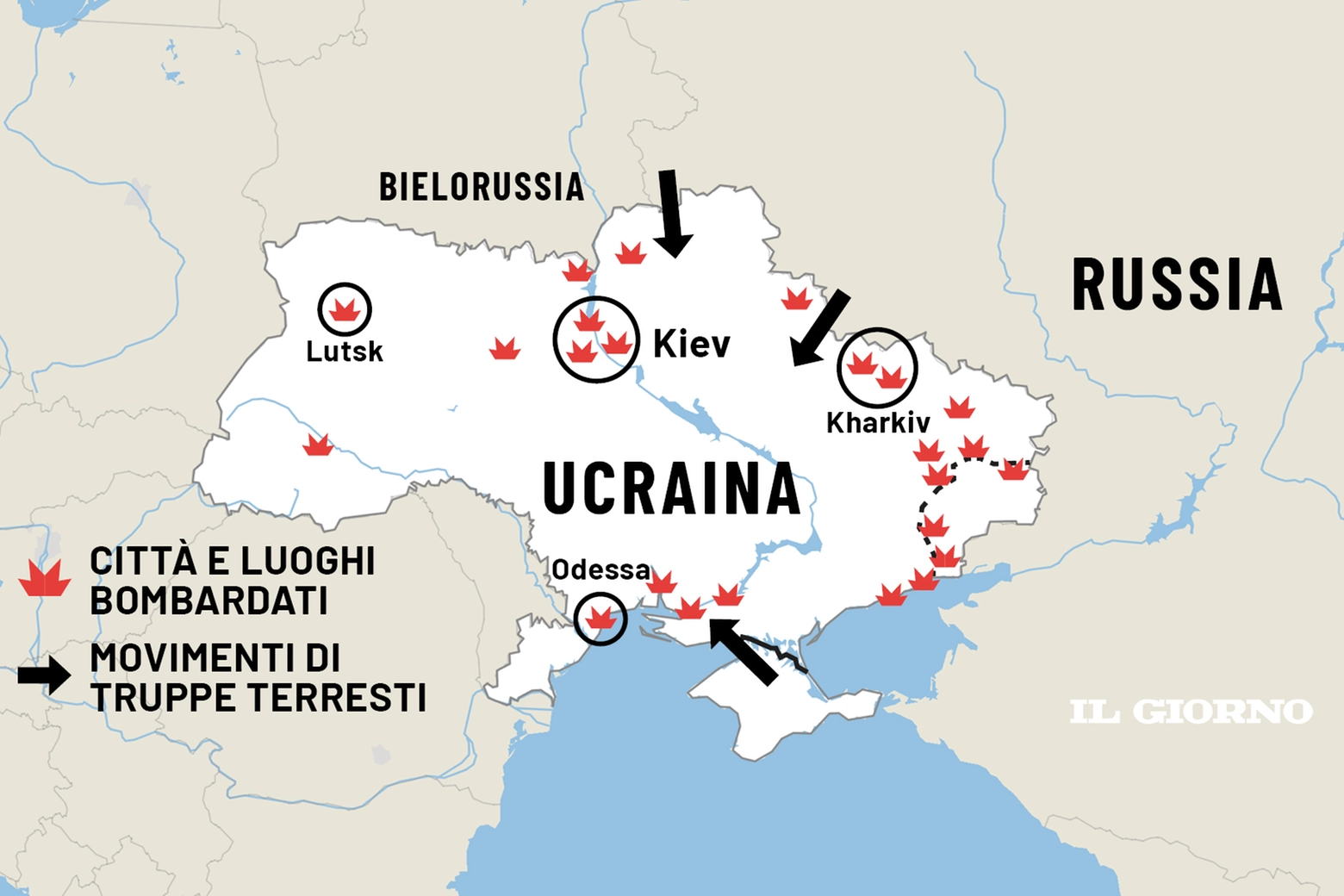 La mappa dell'invasione russa in Ucraina