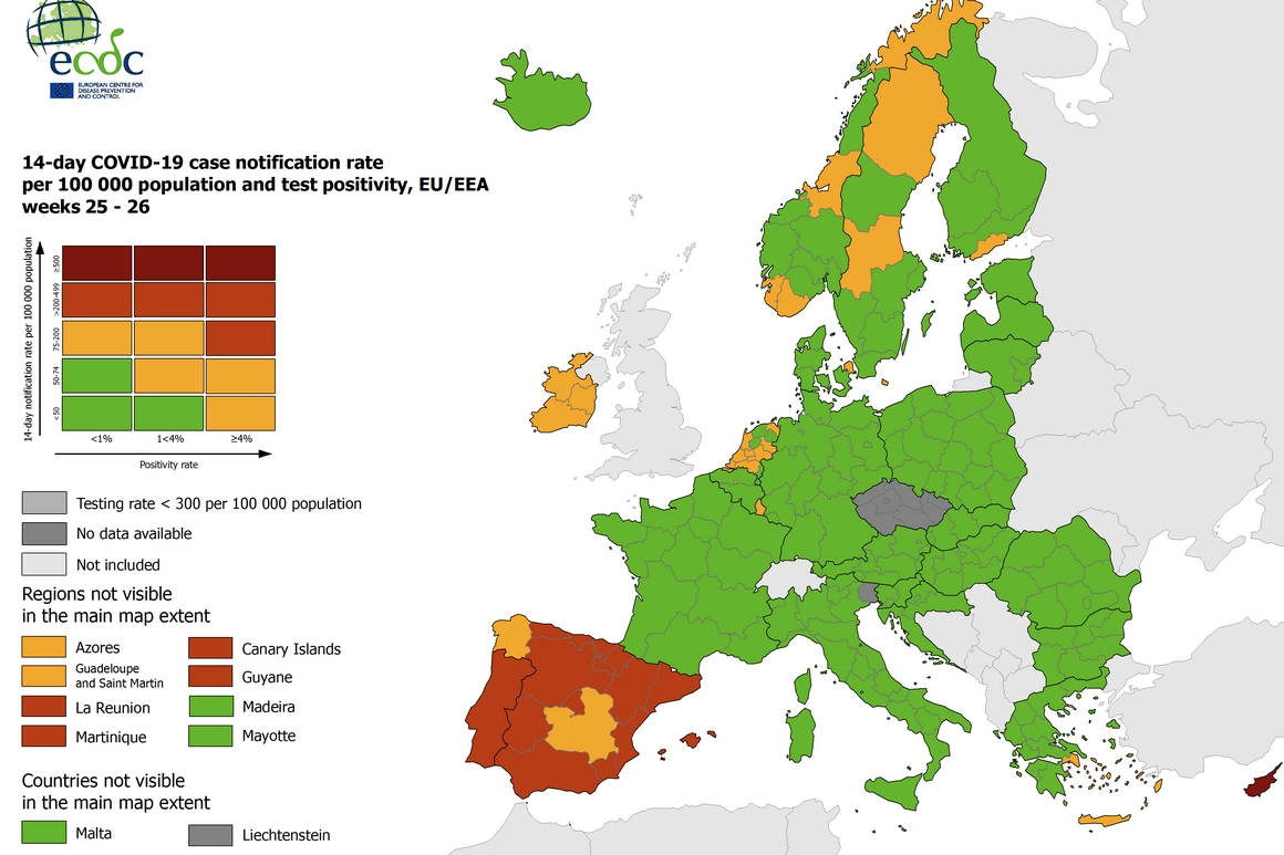 La nuova mappa dell'Ecdc sull'incidenza del Covid in Europa
