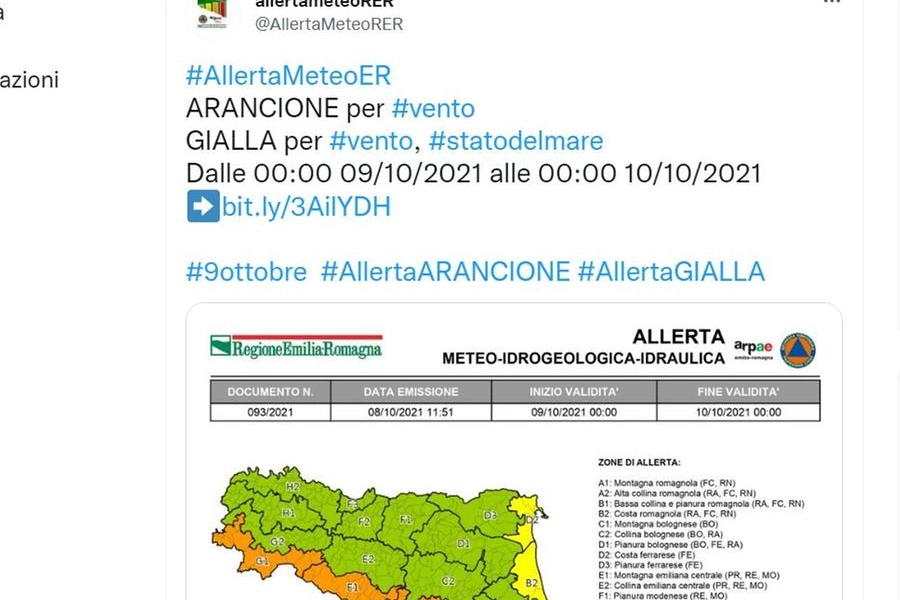 Emilia Romagna: allerta arancione per vento (Twitter)