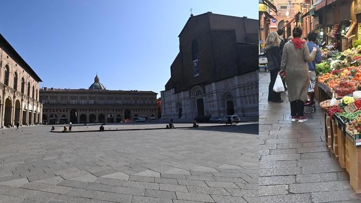 Piazza Maggiore vuota e a destra file per la spesa nel quadrilatero (Foto Schicchi)