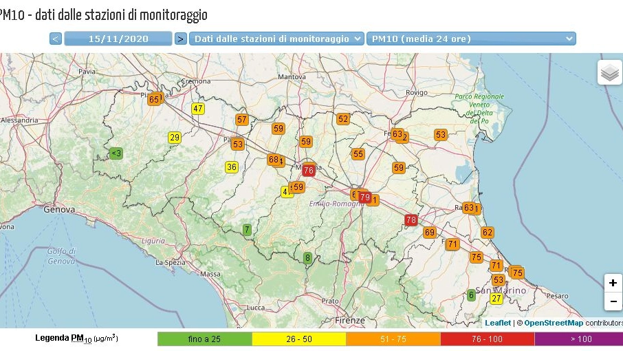 Pm10, livelli alti in Emilia Romagna (fonte Arpae-OpenStreetMap)