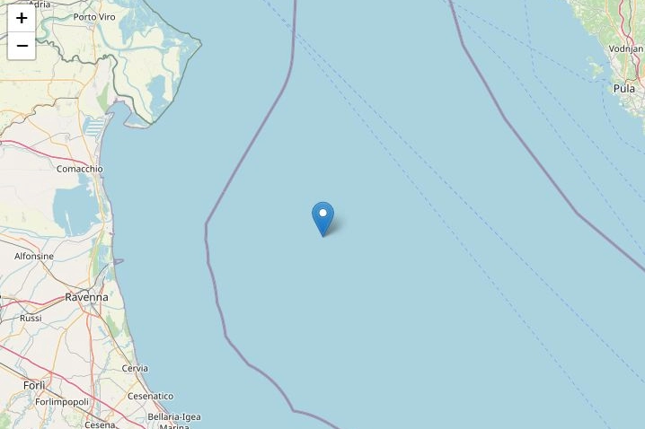 Terremoto oggi magnitudo 4.1 nel mare Adriatico (Foto OpenStreetMap, Ingv) 