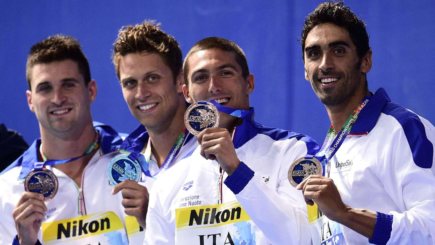 Filippo Magnini, il promo a destra, con Orsi, Dotto e Santucci: la staffetta bronzo mondiale nella 4x100 stile libero