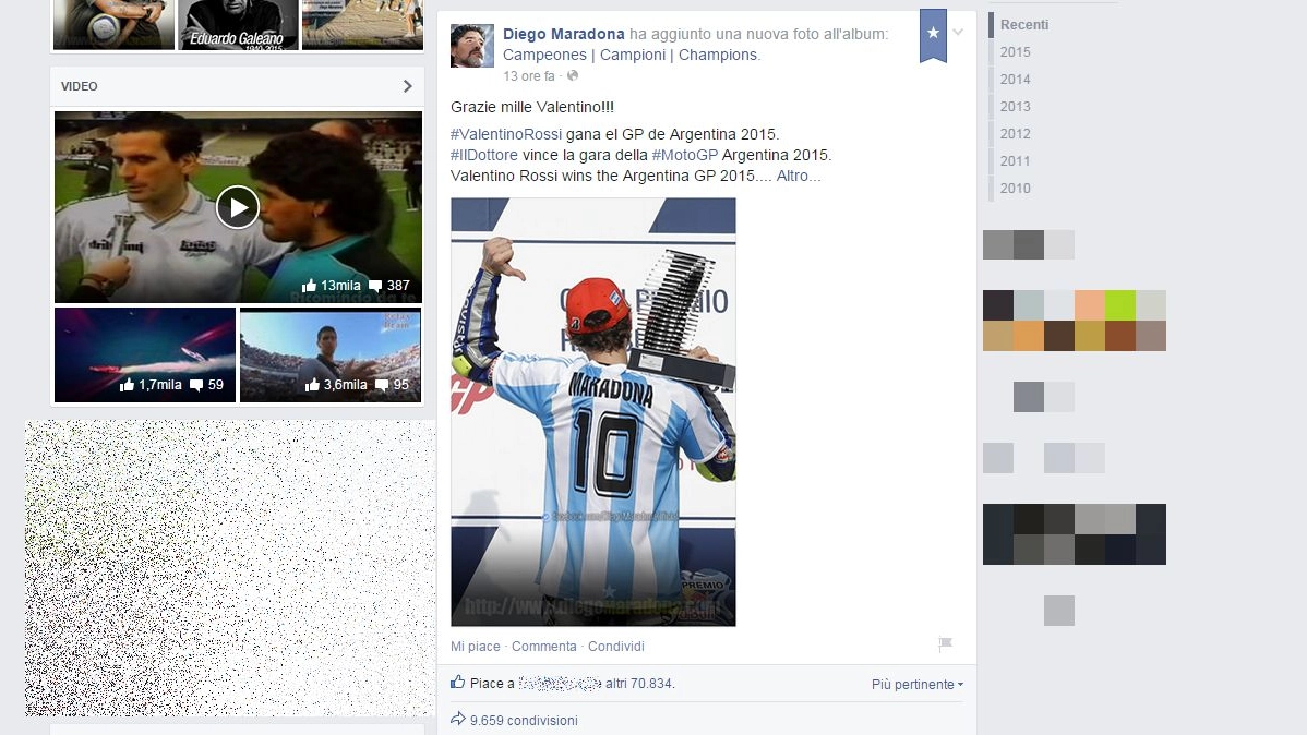 Maradona ringrazia Valentino Rossi su Facebook