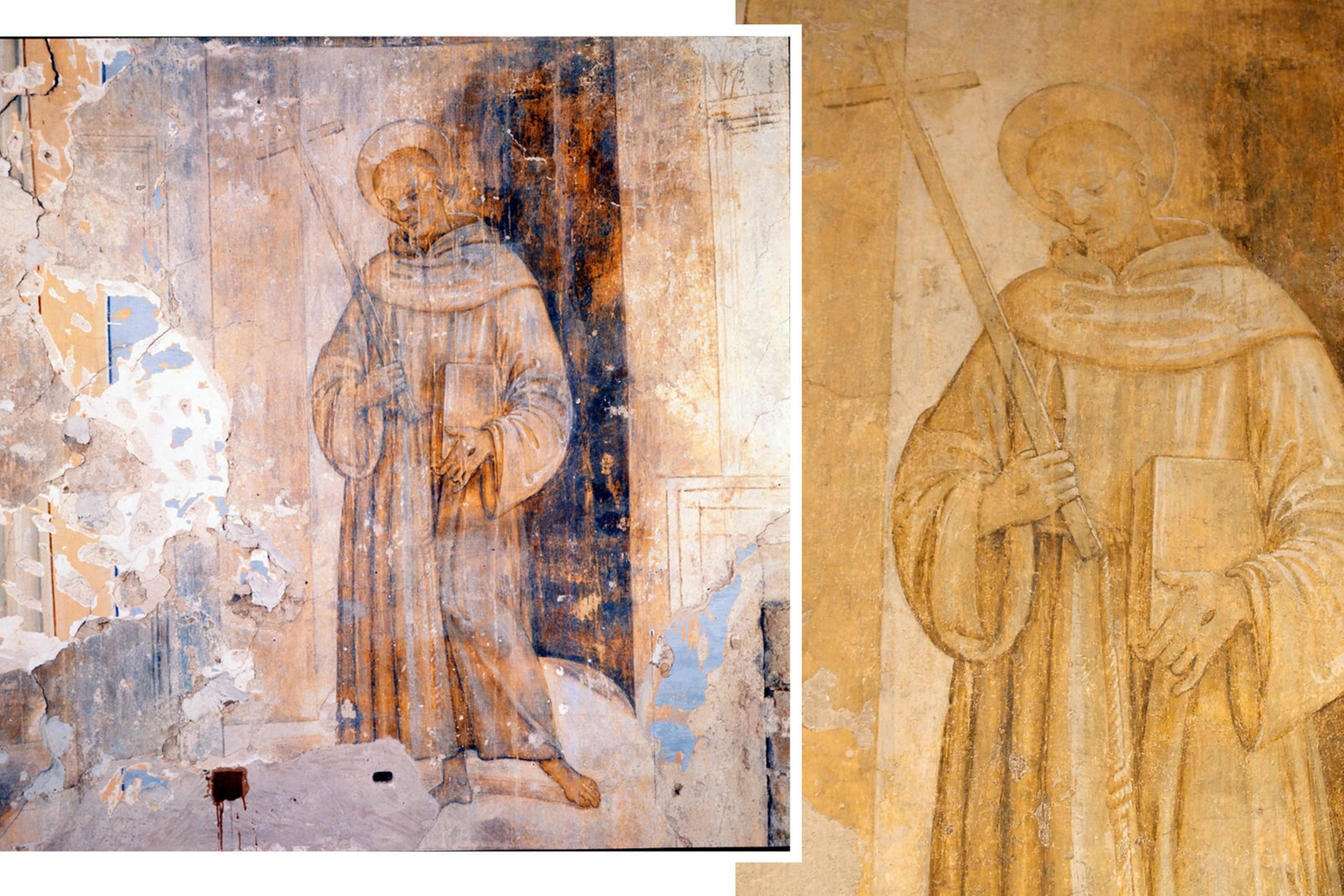 Uno degli affreschi prima e dopo il restauro
