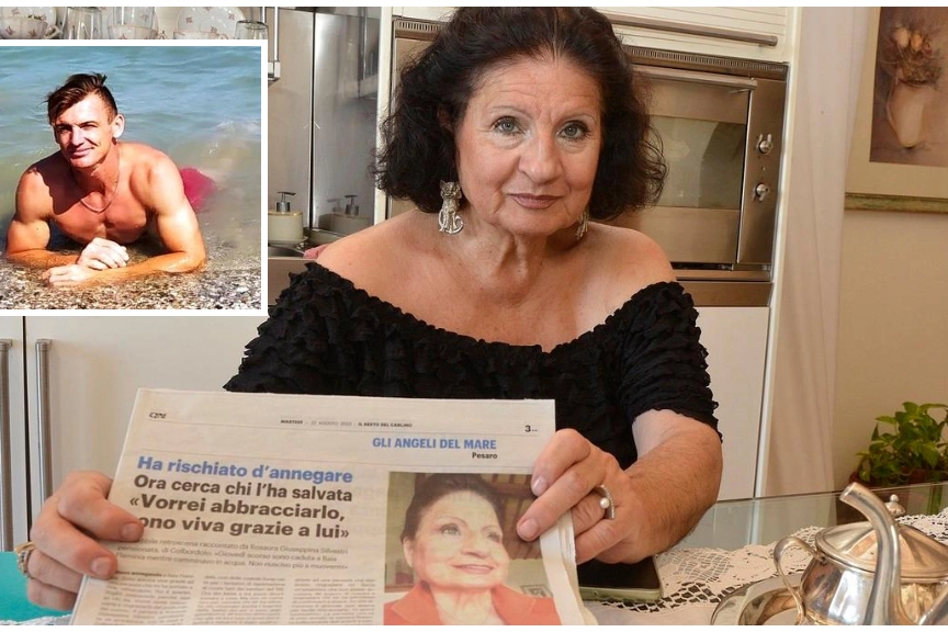 Rosaura Giuseppina Silvestri nella sua casa di Colbordolo durante la telefonata con la famiglia del suo ’salvatore’, cioè Dima Grinic, 37 anni moldavo, nel riquadro (foto Toni)