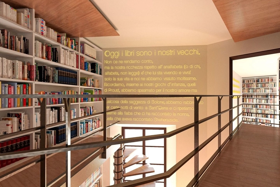 Una ricostruzione dell’interno della biblioteca di Eco