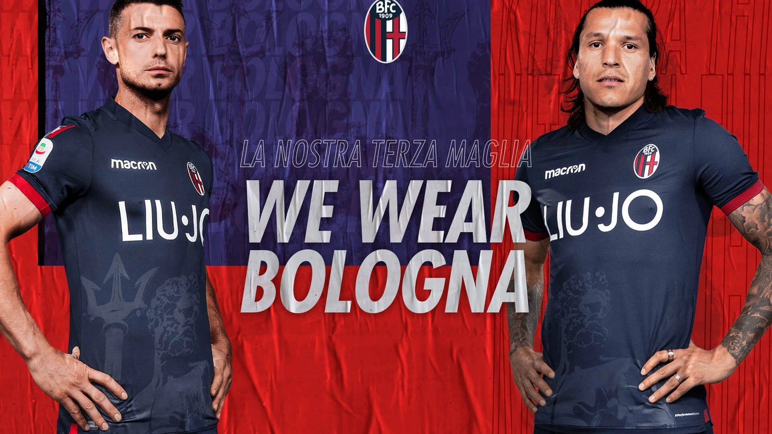Bologna, il Nettuno sulla terza maglia del Bologna (foto Bfc)