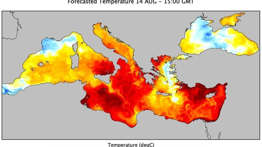 Una mappa illustra le alte temperature previste nel Mar Mediterraneo