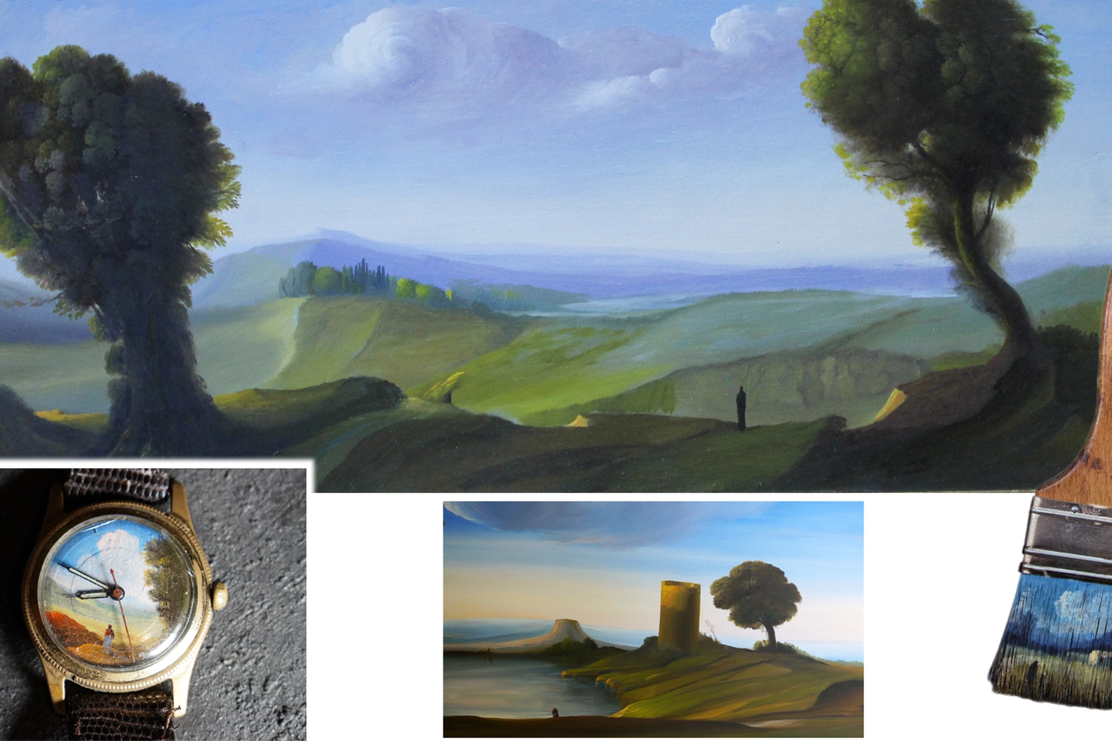Ubaldo Bartolini, due dipinti, un orologio e un pennello con paesaggio