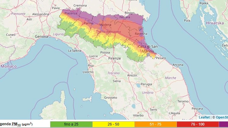 La mappa della qualità del'aria in Emilia Romagna
