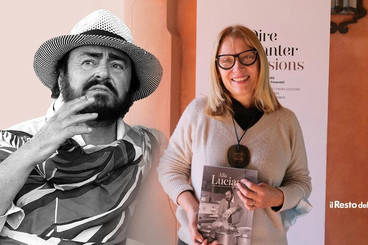 Luciano Pavarotti, un libro con le sue ricette. A destra, Nicoletta Mantovani