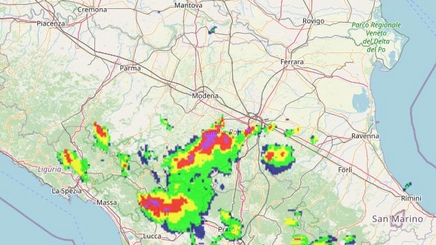 I temporali in movimento sull'Emilia Romagna