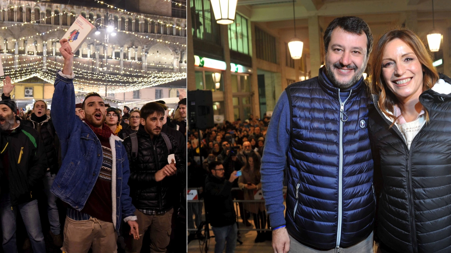 Ferrara: Sardine da una parte, Salvini e Borgonzoni dall'altra (Foto Businesspress)
