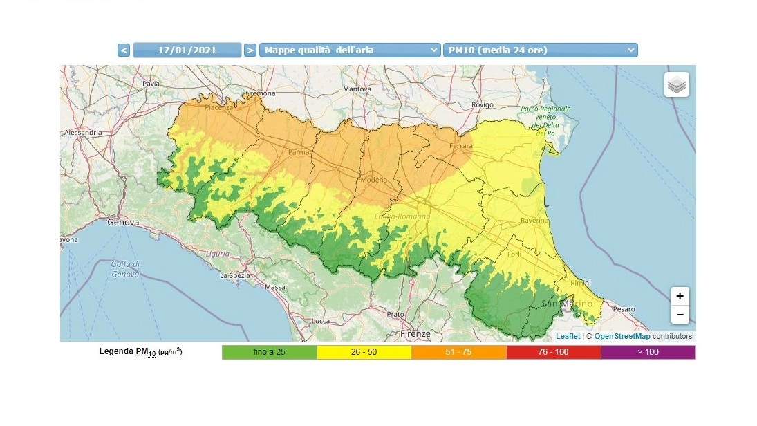 Emilia Romagna, la mappa della qualità dell'aria (fonte Arpae)