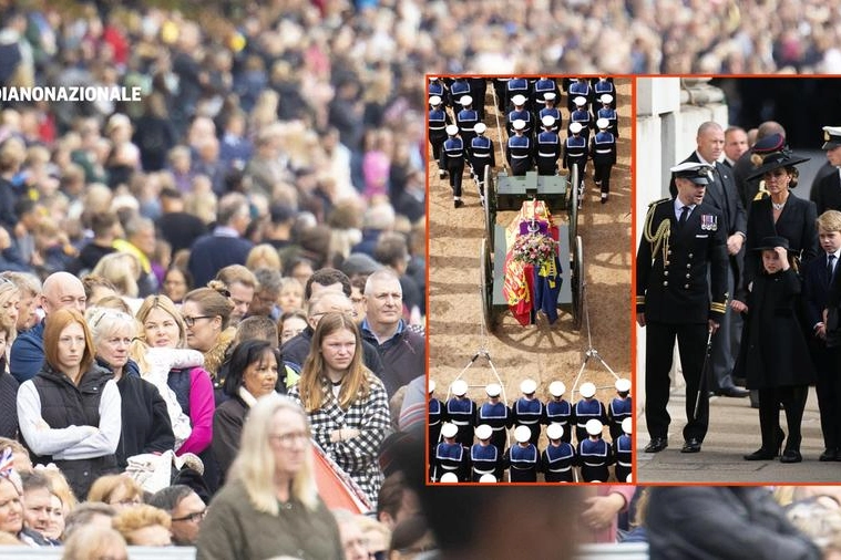 I funerali della regina Elisabetta, sullo sfondo la  folla in attesa a Windsor (Ansa)
