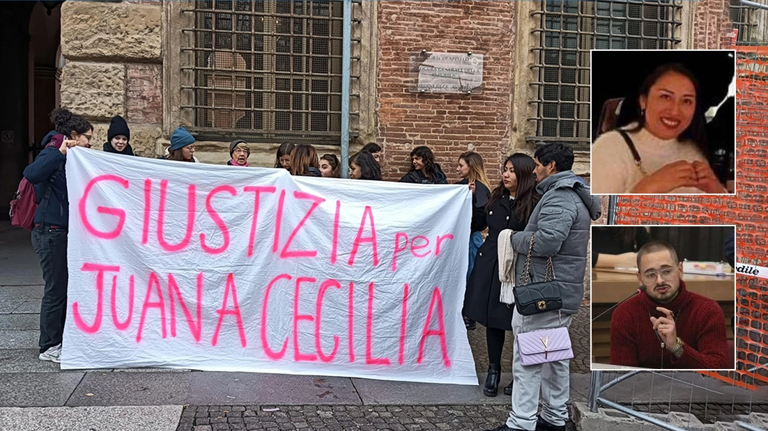Presidio di donne davanti al tribunale e, nelle foto piccole, Mirko Genco e la vittima, Juana Cecilia Hazana Loayza