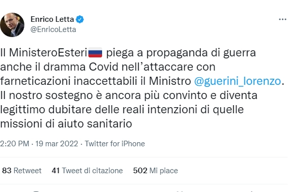 Caso Guerini, il tweet di Letta