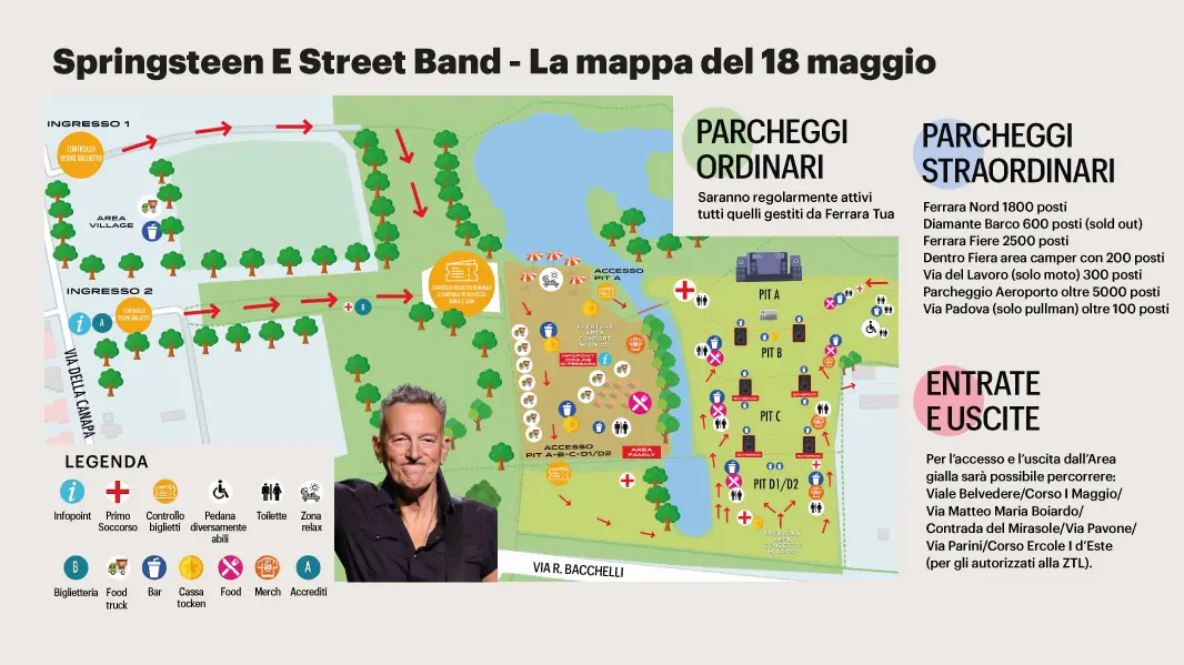 La mappa del concerto di Bruce Springsteen a Ferrara