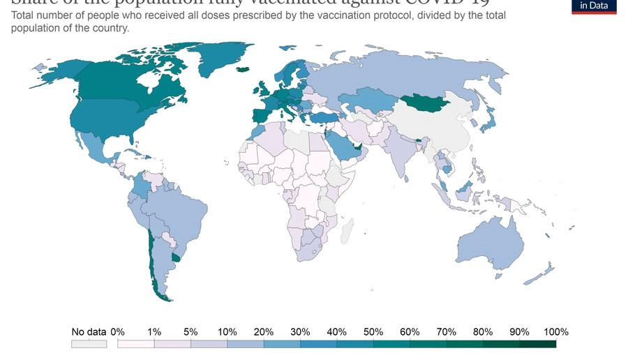 Dai colori più chiari a quelli più scuri, le nazioni da meno a più "vaccinate"