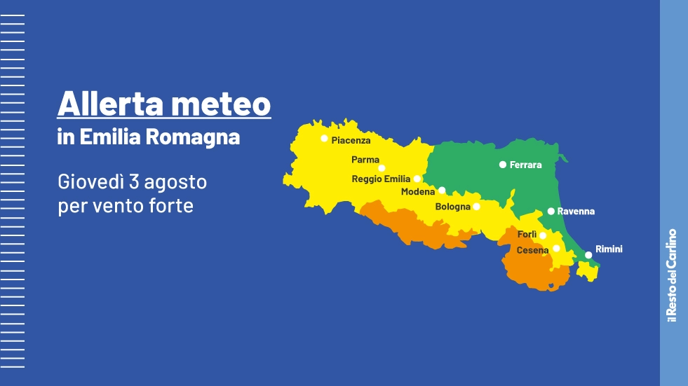 Vento forte in Emilia Romagna giovedì 3 agosto: il livello di rischio zona per zona. Allerta arancione: criticità moderata; allerta gialla: criticità ordinaria; allerta verde: nessuna allerta