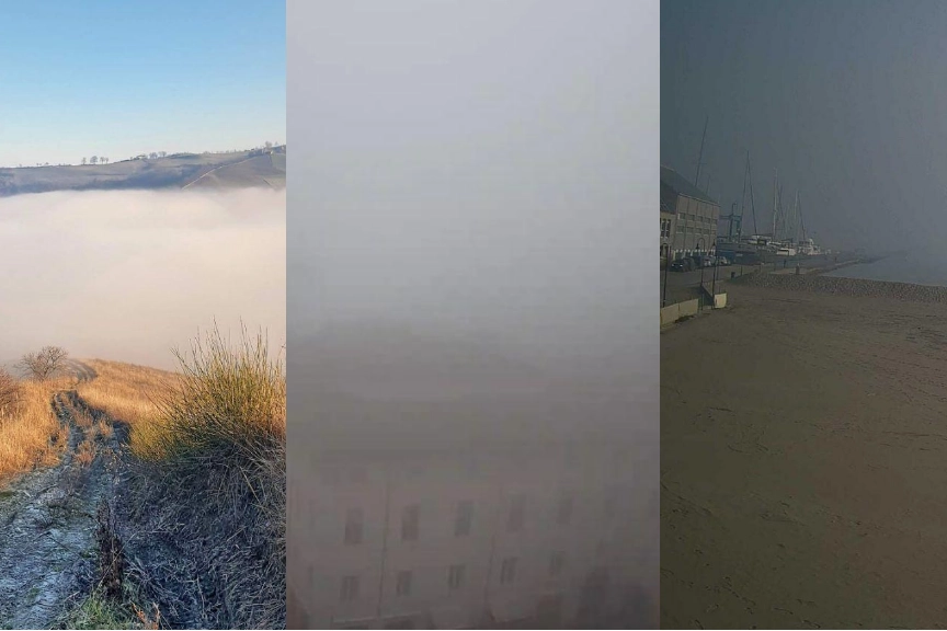 Tre scatti della nebbia postati su Emilia Romagna Meteo: nel Reggiano  (foto di Elena Lanzzi), a Ferrara e a Marina di Ravenna