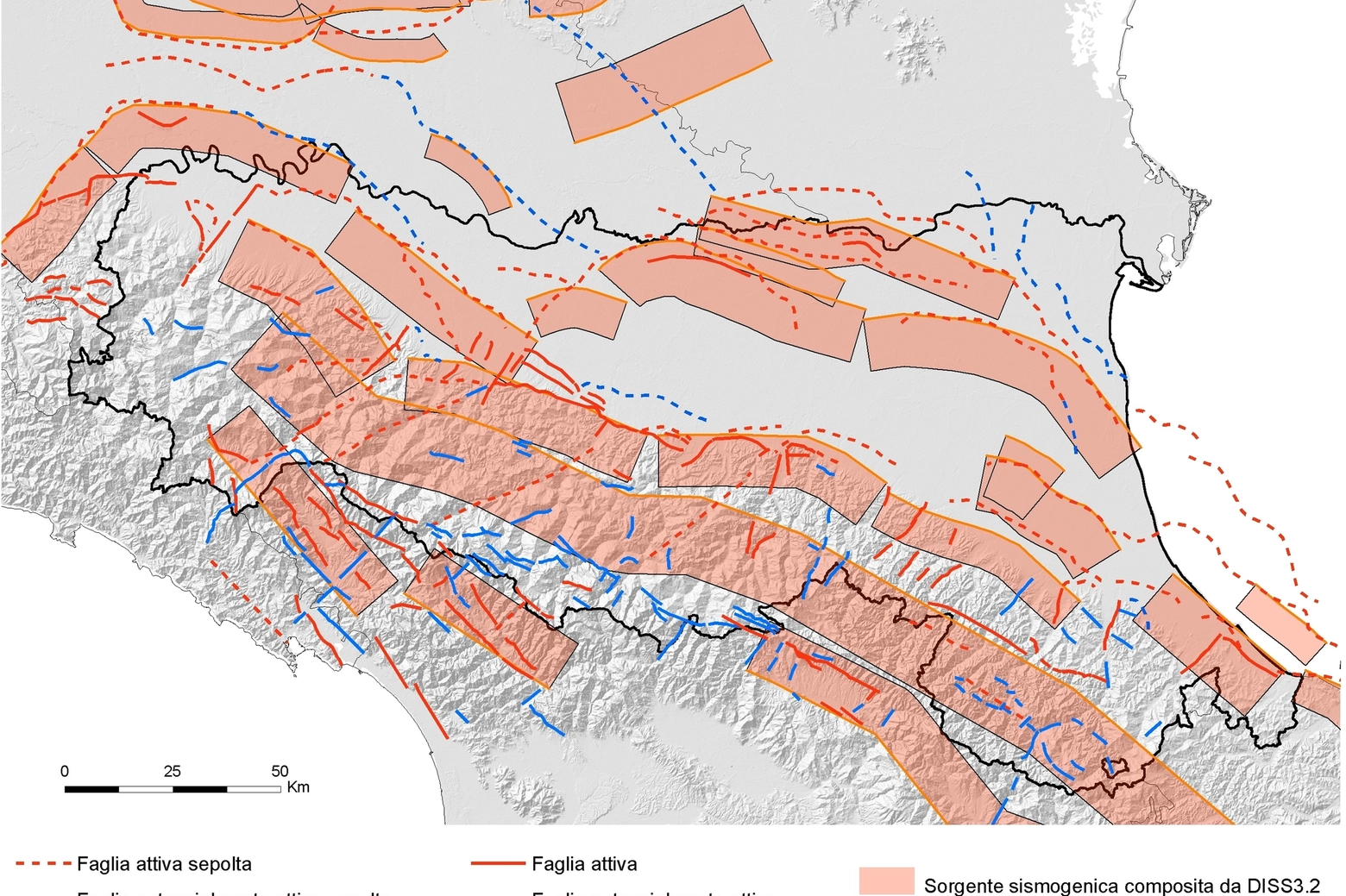 Le faglie in Emilia Romagna, o strutture sismogeniche che possono generare terremoti (immagine dal sito di Arpae)