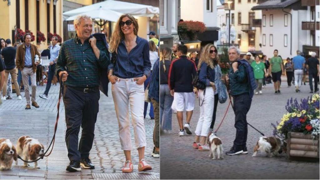 Enrico Mentana y Francesca Vagnani están de vacaciones en los Dolomitas.  Pasea Cortina con los perros Cavalier King.