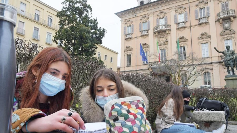Pavia, la protesta degli studenti collegati online davanti al liceo (Ansa)