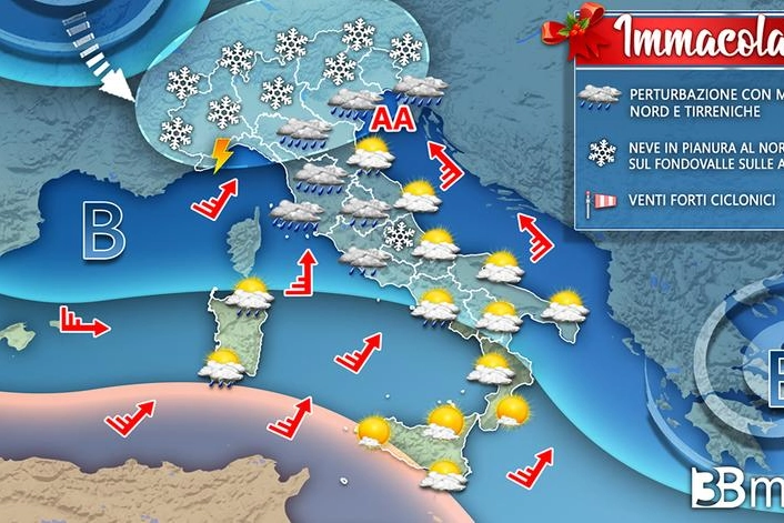 Meteo, la neve dell'8 dicembre (grafico 3bmeteo)