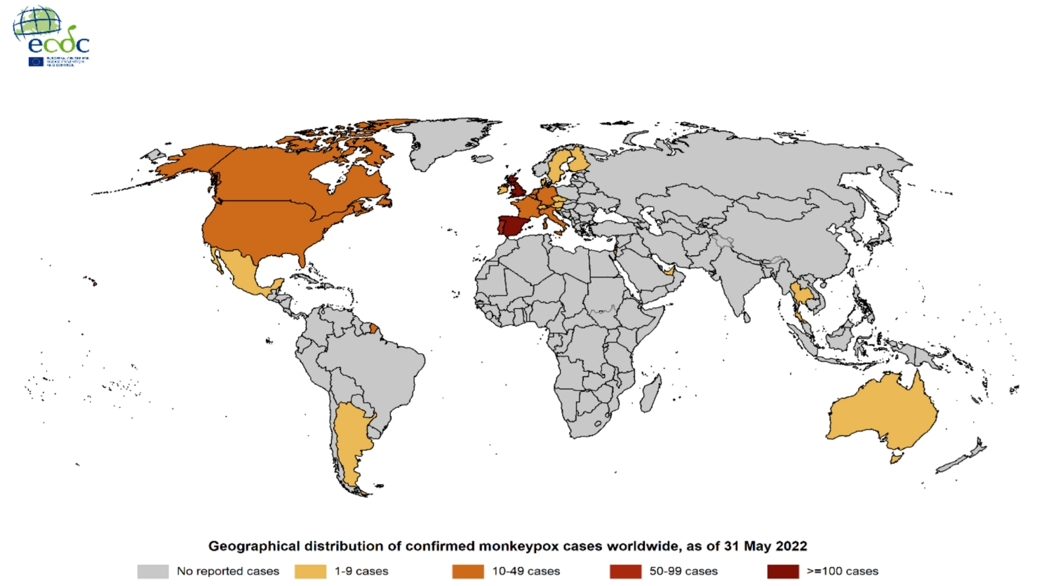 Vaiolo delle scimmie, il contagio nel mondo (mappa Ecdc)