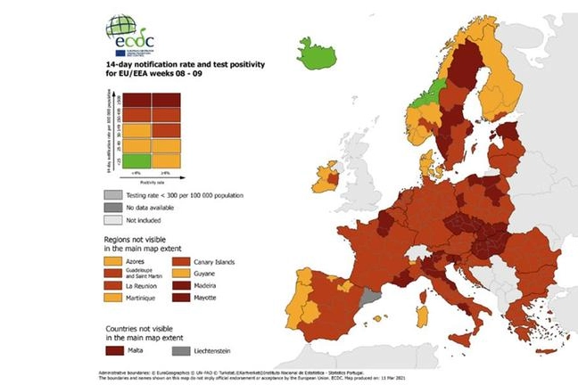La mappa europea delle aree a rischio Covid (fonte Ecdc)