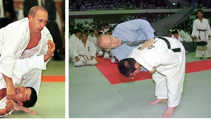 Putin durante un combattimento di judo e in una manifestazione