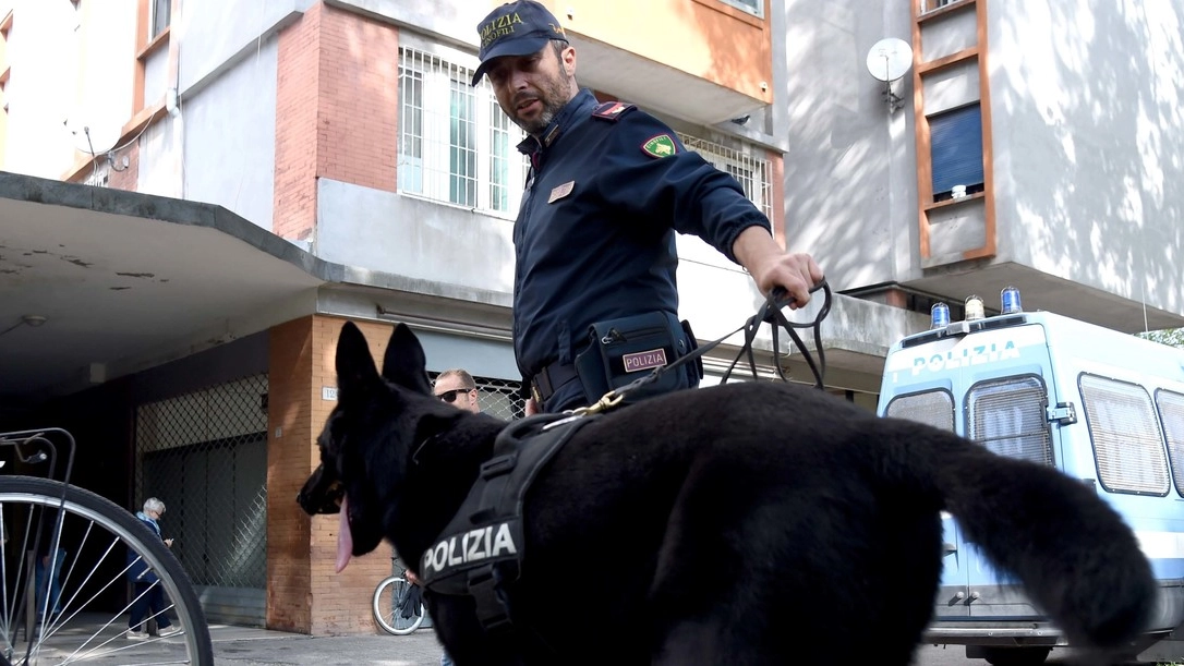 Un agente con il cane antidroga  durante i controlli al quartiere Giardino