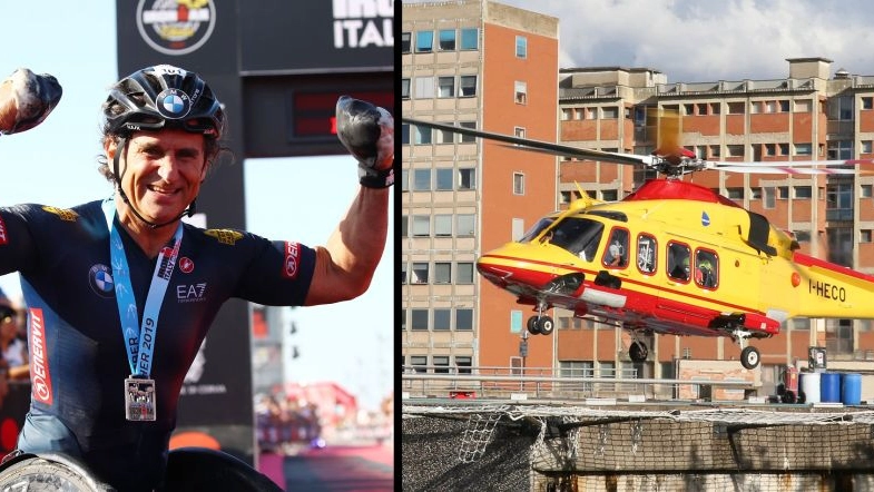 Alex Zanardi e l'elicottero con cui è arrivato all'ospedale 'Le Scotte' di Siena