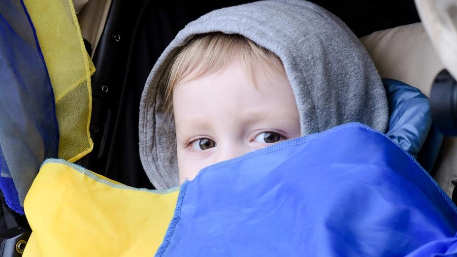 Un bambino con la bandiera dell'Ucraina
