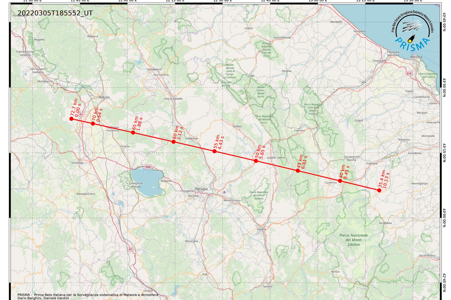 La mappa dell'Inaf dalla rete Prisma con il percorso del bolide