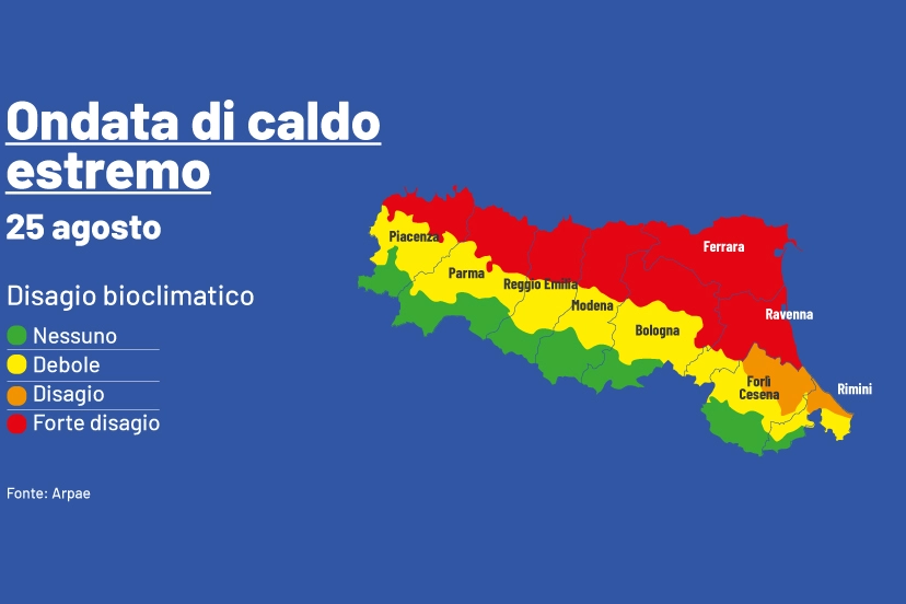 Caldo, temperature fino a 40 gradi in Emilia Romagna: la mappa del disagio bioclimatico per venerdì 25 agosto 2023