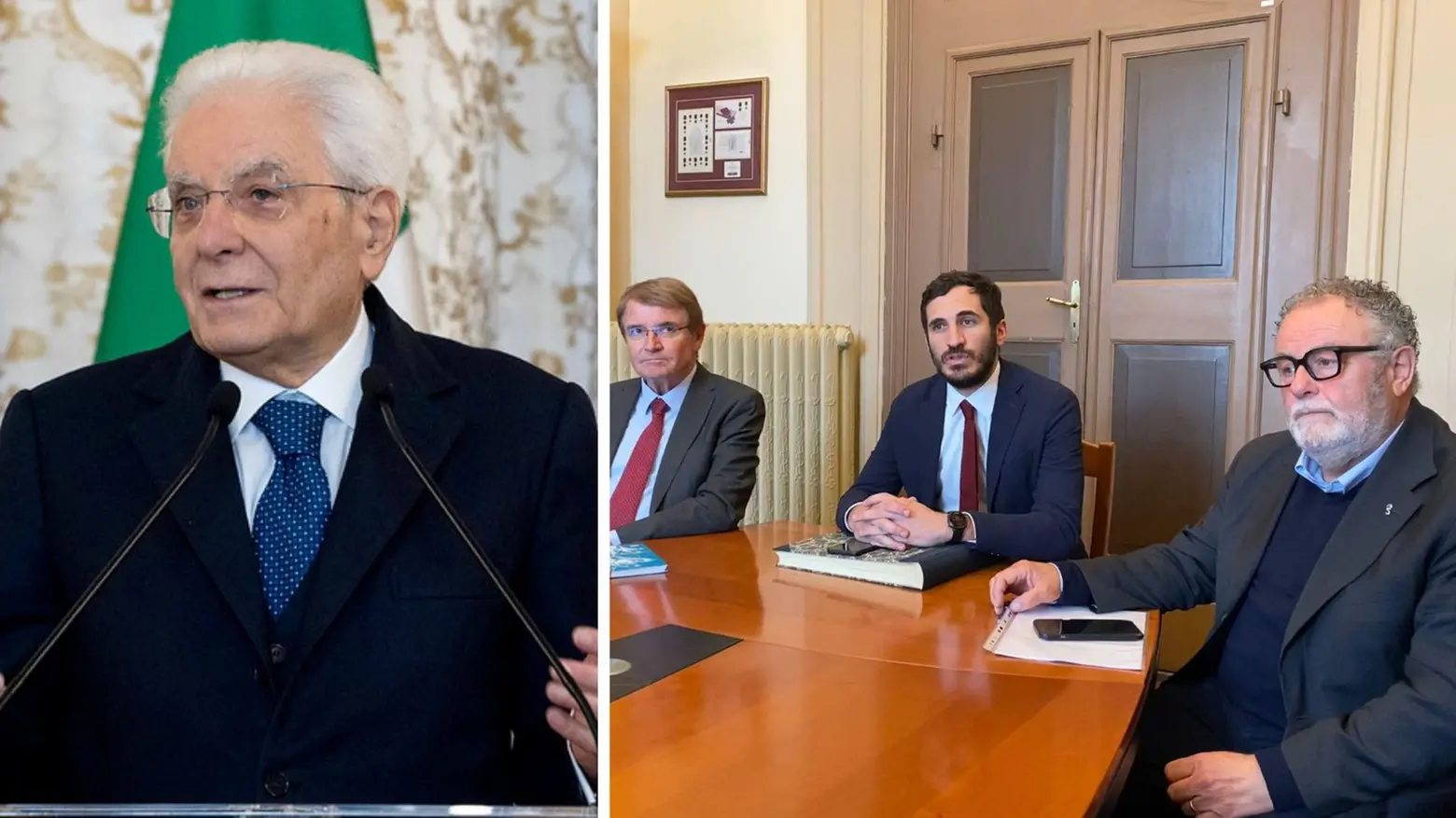 Il presidente Mattarella. A sinistra il sindaco Lattuca tra il presidente di Cesena Fiera Piraccini e il consigliere regionale Bulbi