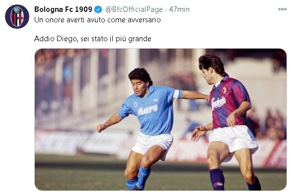 Il tweet del Bologna per ricordare Diego Maradona