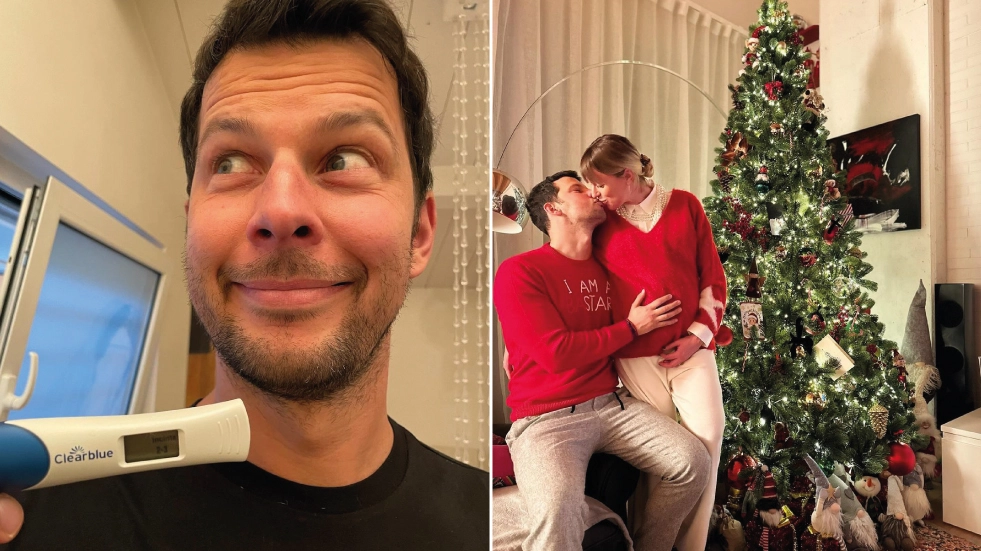 Due foto postate su Instagram da Federica Pellegrini: a sinistra, Matteo Fiunta con il test di gravidanza positivo; a destra, la coppia durante le feste natalizie