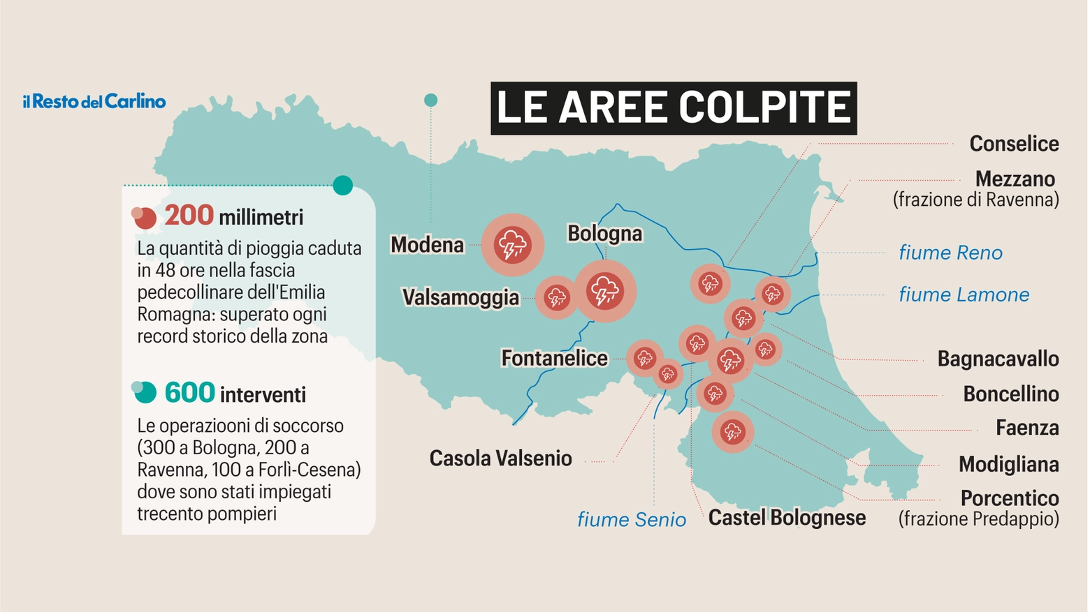 Le aree dell'Emilia Romagna più colpite dal maltempo