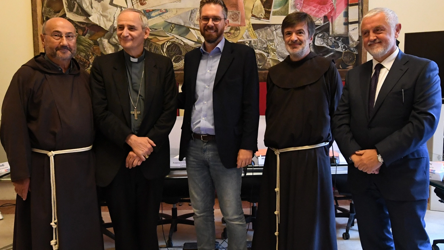 Monsignor Zuppi con i frati francescani Giampaolo Cavalli  e Dino Dozzi, Lepore e Garavini