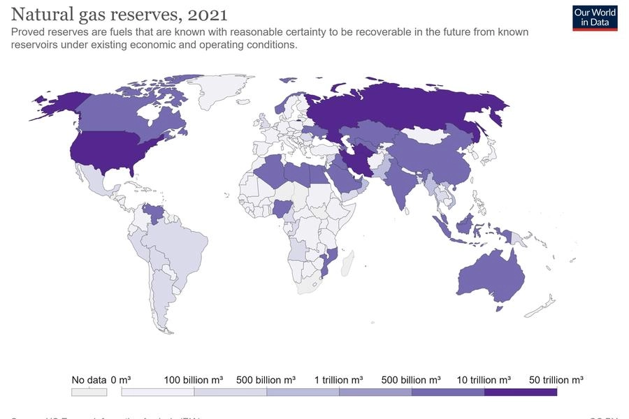Riserve naturali di gas, 2021 (fonte: OurWorldinData)