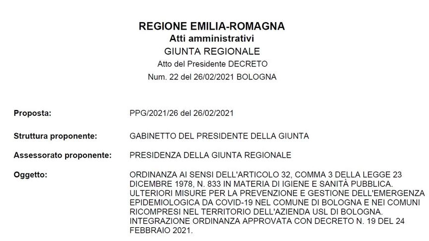 Ordinanza della Regione Emilia-Romagna del 26 febbraio