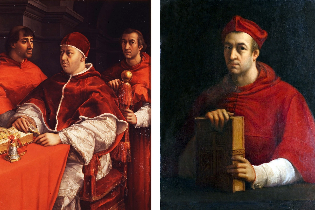 A sinistra, Leone X con Giulio de' Medici e Luigi de' Rossi. A destra, de' Rossi