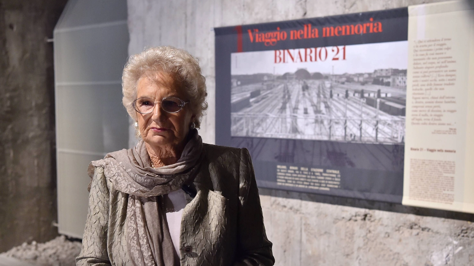 Liliana Segre all' interno del Memoriale della Shoa al Binario 21, a Milano