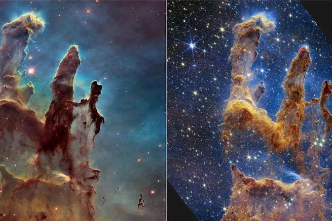 I Pilastri della Creazione a destra la foto di Hubble, a sinistra quella di Webb
