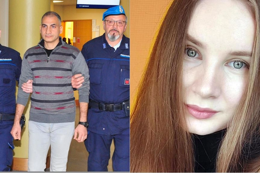 A sinistra l'entrata in tribunale di Moustafà Alashri che il 13 novembre 2022 uccise la moglie Anastasiia di 20 anni più giovane (Foto Luca Toni)